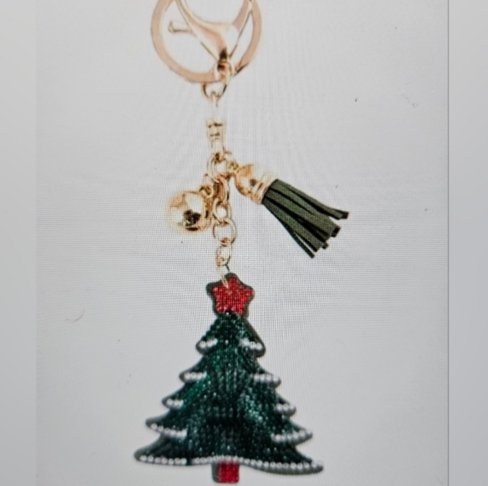 Green and Red Christmas Tree Keychain with Gold Hardware NEW